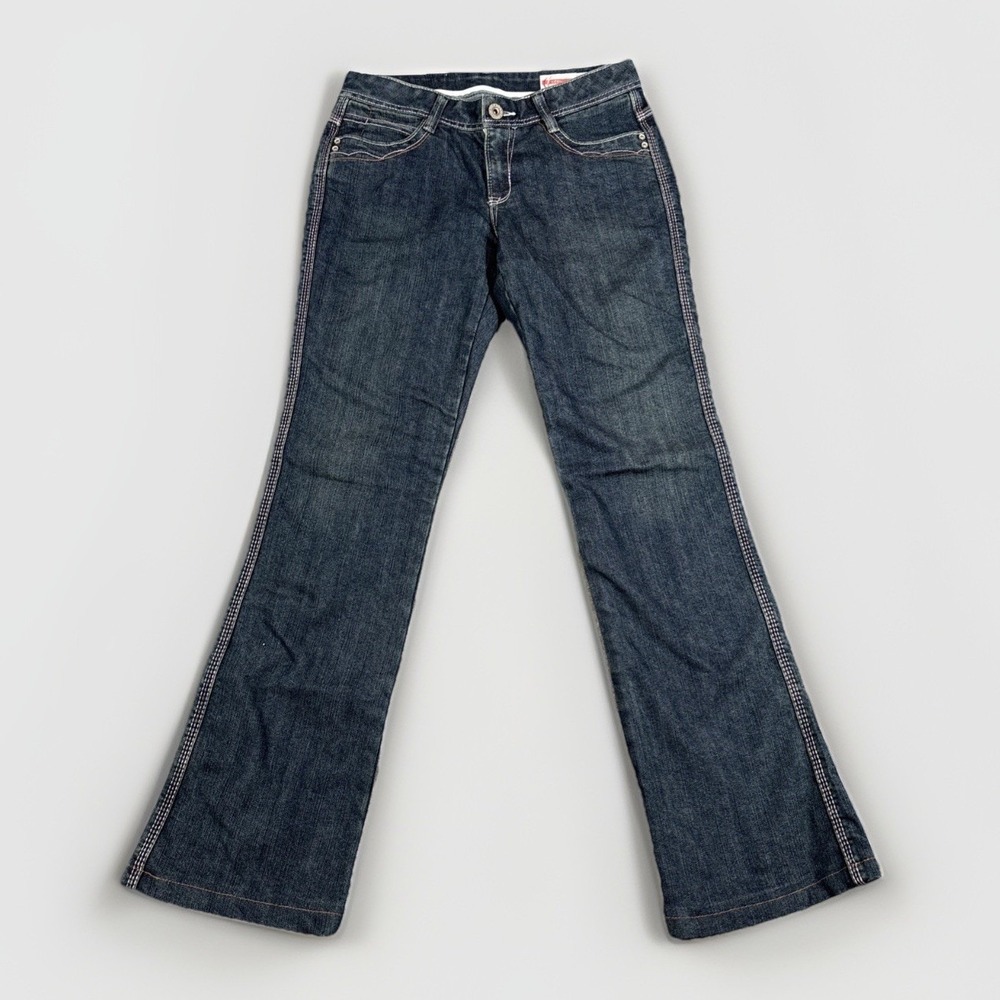 Sunsister Bobson Flare Jeans Womens Size 28 Dark Wash Contrast Stitch Low Rise